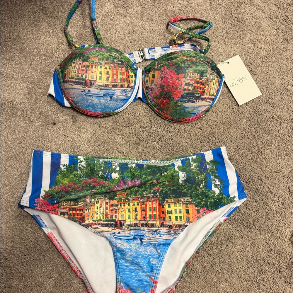 Coastal Scene Women’s High-Waist Bikini Set in Multicolor - Designer Print